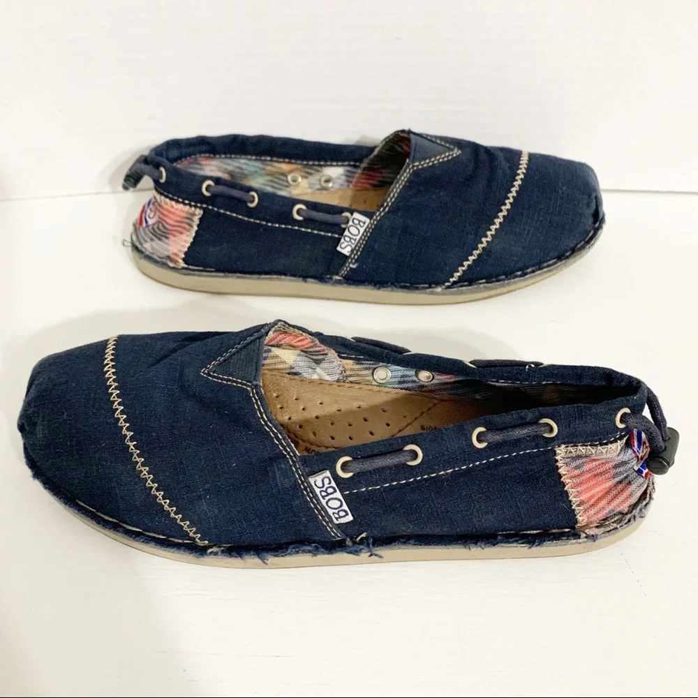 SKECHERS Bobs Canvas Slip-on Flat Raw Hem Shoes Style #: 37790-NVY Pop of Color